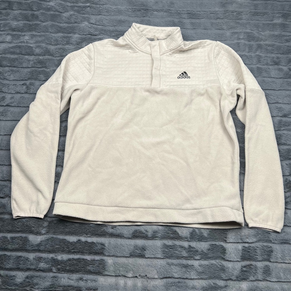 Adidas Womens Cream White Quilted Mixed Media Fleece Quarter Snap Pullover M